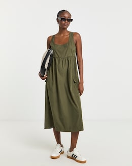 Khaki Cargo Utility Midi Dress