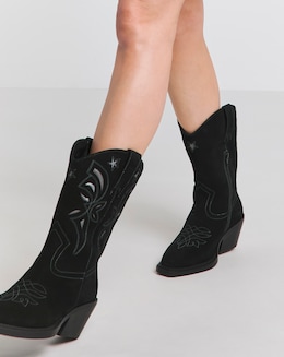 Rowan Suede Cut Out Detail Western Boots Extra Wide EEE Fit Super Curvy Calf