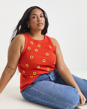 Simply Be Red Ribbed Sunflower Embroidery High Neck Tank