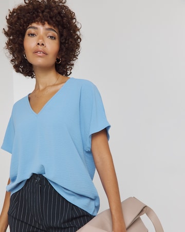 Blue V Neck Textured Boxy Blouse