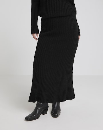 Black Rib Flared Hem Knitted Maxi Skirt