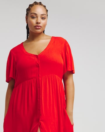 Red Crinkle Button Through Maxi Dress with Pockets