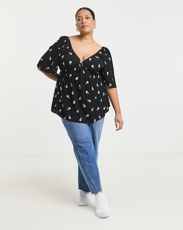 Simply Be Black Ditsy Crinkle Short Sleeve Tie Front Blouse
