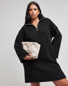 Black Zip Neck Knitted Mini Dress