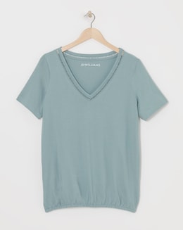 Sage Crochet Trim V Neck Bubble Hem Top