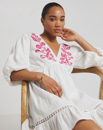 Simply Be White and Pink Embroidered Smock Dress
