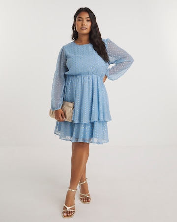 Blue Jacquard Tiered Skater Dress