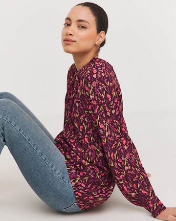 Multi Floral Ruched Tie Neck Top