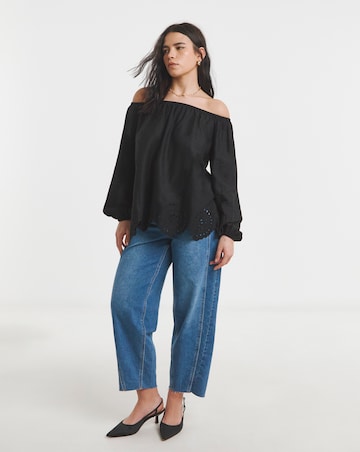 Black Cutwork Linen Blend Bardot