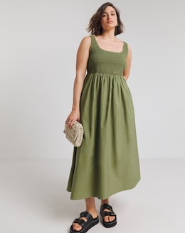 Khaki Shirred Poplin Midi Sundress