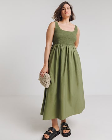 Khaki Shirred Poplin Midi Sundress