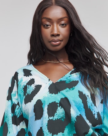 Blue Animal V Neck Puff Sleeve Blouse