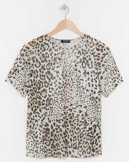 Leopard Print Crew Neck Mesh T-Shirt