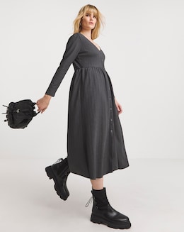 Charcoal Waffle Button Up Midi Dress With Pockets