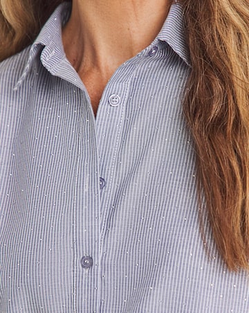 Womens Diamante Oversized Long Sleeve Shirt - Blue Stripe