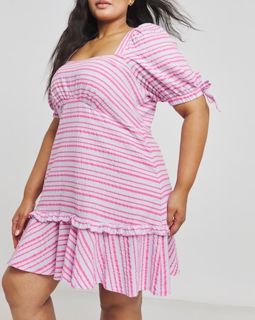 Pink Stripe Square Neck Tea Dress With Frilled Hem