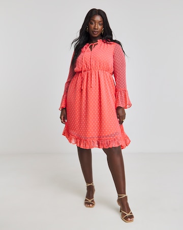 Pink Dobby Tie Neck Skater Dress