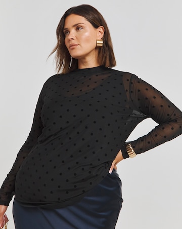 Black Spot Print High Neck Burn Out Top