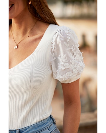 Sosandar Floral Applique Sleeve Top