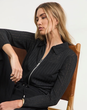 Simply Be Black Long Sleeve Textured Zip Through Top