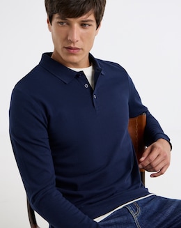 Pure Cotton Long Sleeve Pique Polo Long Length- Navy