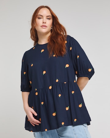 Simply Be Navy Blue Embroidered Peach Peplum Blouse