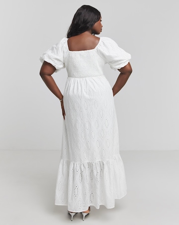 White Square Neck Broderie Maxi Dress