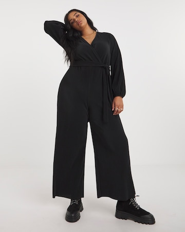 Black Wide Leg Belted Plisse Jumpsuit