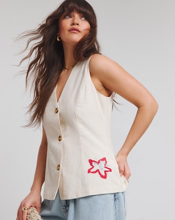 Native Youth Cream Longline Linen Mix Waistcoat