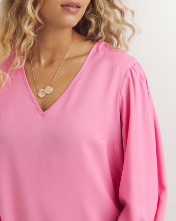 Pink Long Sleeve V Neck Woven Boxy Blouse
