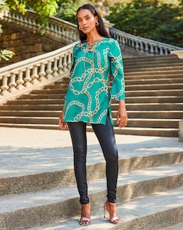 Sosandar Teal Chain Print Lace Front Longline Tunic Top