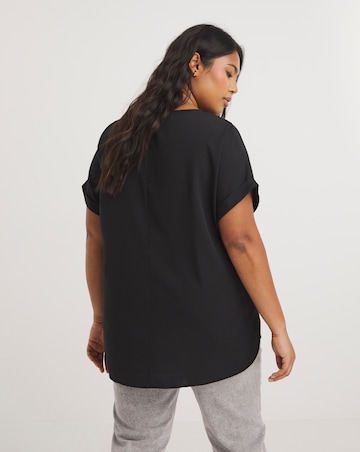 Black Roll Sleeve Dip Back Woven Boxy Blouse