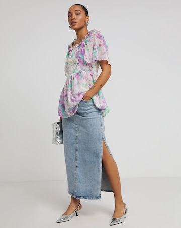 Floral Print Occasion Shirred Square Neck Blouse