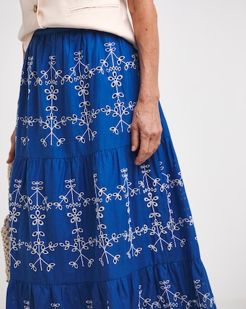 Blue Broderie Tiered Pull On Maxi Skirt