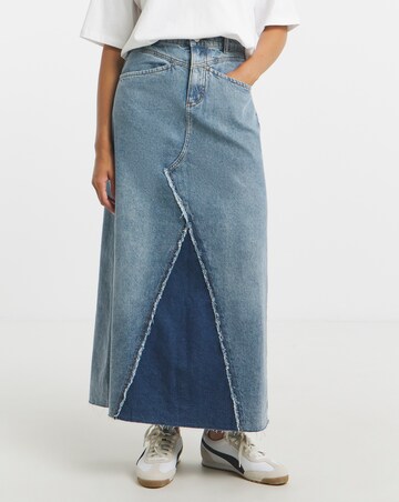Simply Be Mid Blue Patchwork Fray Denim Maxi Skirt