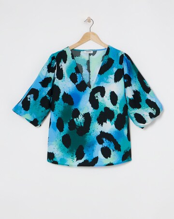Blue Animal V Neck Puff Sleeve Blouse