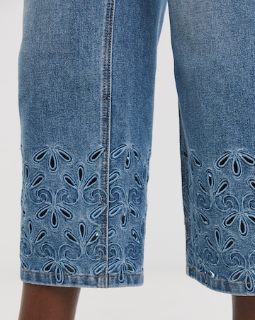Mid Blue Broderie Straight Leg Crop Jeans