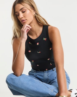 Simply Be Black Ribbed Strawberry &amp; Cherry Embroidery High Neck Tank