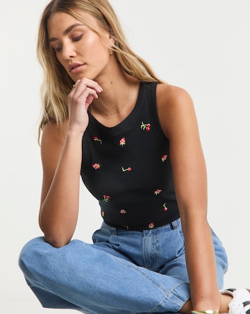Simply Be Black Ribbed Strawberry & Cherry Embroidery High Neck Tank
