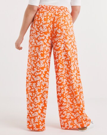 Orange Floral Print Lightweight Woven Shirred Waist Wide Leg Trouser