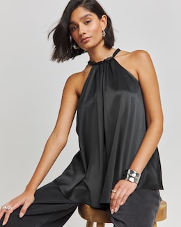 Black Satin Halterneck Top