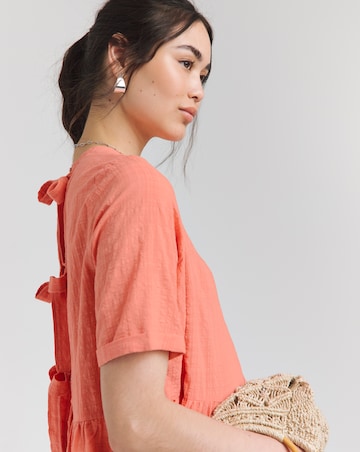 Coral Check Bow Detail Smock Dress