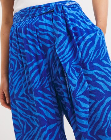 Blue Zebra Print Crinkle Tie Waist Wide Leg Trouser