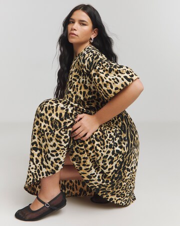 Leopard Print Bow Detail Waffle Smock Dress