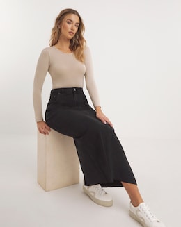 Black Denim Cargo A-Line Maxi Skirt