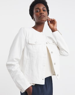 Pure Cotton White Collarless Denim Jacket