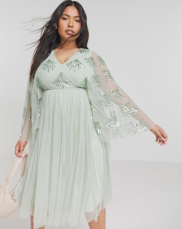 Maya Curve Cape Sleeve Embellished Midi Dress