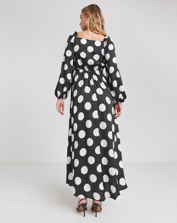 Flounce London Long Sleeve Black White Spot Midaxi Dress