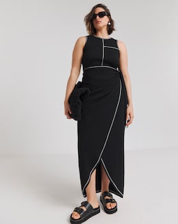 Black Exposed Seam Wrap Skirt Maxi Dress