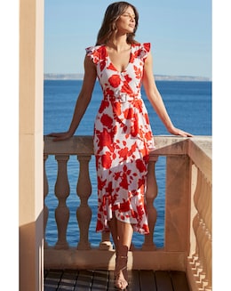 Sosandar Red &amp; Ivory Floral Print Ruffle Hem Midi Dress